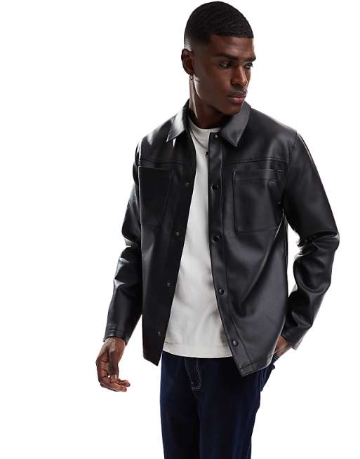 ASOS DESIGN faux leather shacket in black