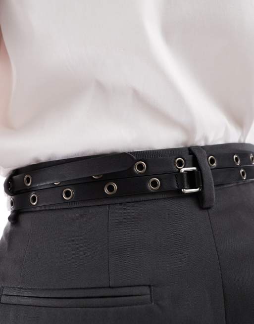 ASOS DESIGN Faux Leather Studded Double Strap Skinny Belt