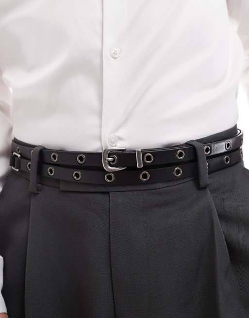 ASOS DESIGN faux leather studded double strap skinny belt