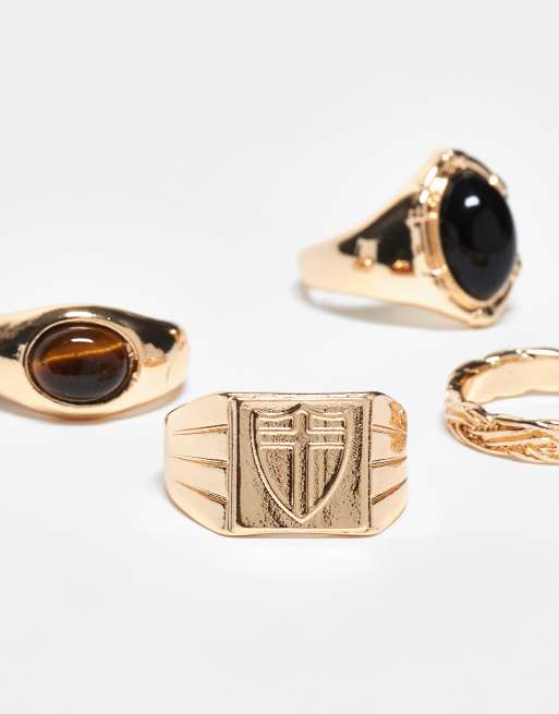 ASOS DESIGN Faux Onyx And Tigers Eye 4 Pack Signet Ring Set In Gold