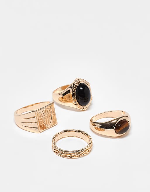 ASOS DESIGN faux onyx and tigers eye 4 pack signet ring set in gold