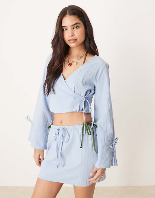 ASOS DESIGN Fern wrap front beach top in ice blue