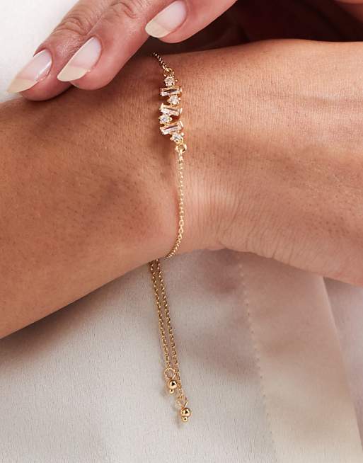 ASOS DESIGN fine chain bracelet with baguette cubic zirconia stone details in gold tone with gift bag