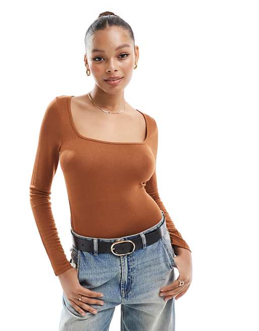 ASOS DESIGN fine knit scoop neck long sleeve top in tan