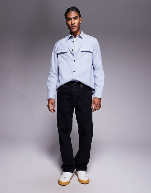 ASOS DESIGN Flannel Overshirt With Patch Pockets In Blue