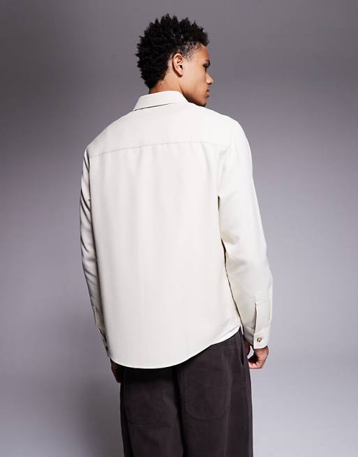 ASOS DESIGN Flannel Overshirt With Patch Pockets In Beige