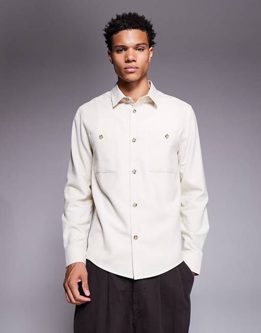ASOS DESIGN flannel overshirt with patch pockets in beige