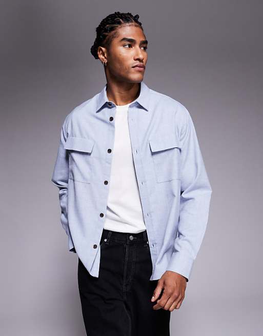 ASOS DESIGN flannel overshirt with patch pockets in blue
