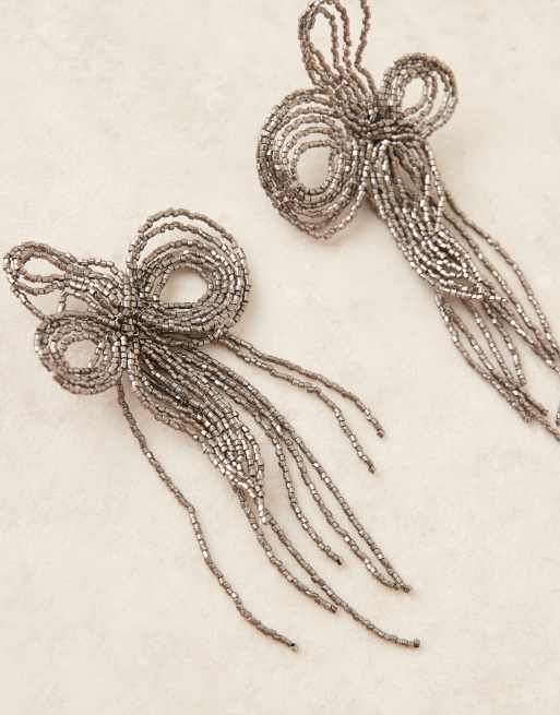 ASOS DESIGN Floral Stud Earrings With Beaded Details In Dark Silver
