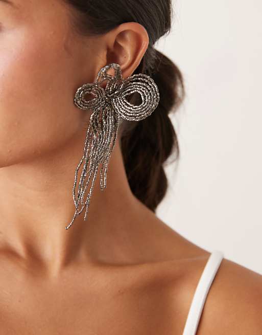 ASOS DESIGN floral stud earrings with beaded details in dark silver