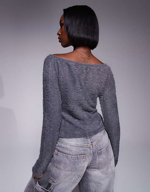 ASOS DESIGN Fluffy Off Shoulder Top With Silver Trim In Charcoal