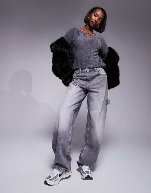 ASOS DESIGN Fluffy Off Shoulder Top With Silver Trim In Charcoal