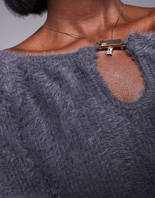 ASOS DESIGN Fluffy Off Shoulder Top With Silver Trim In Charcoal