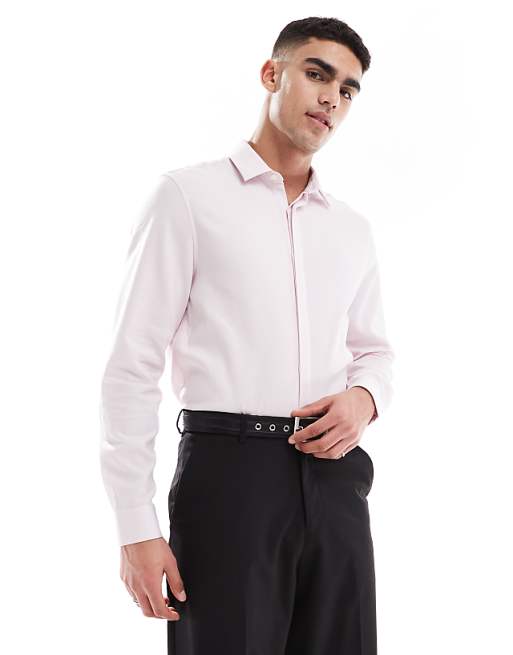 ASOS DESIGN formal easy iron regular textured shirt with concealed buttons in pink