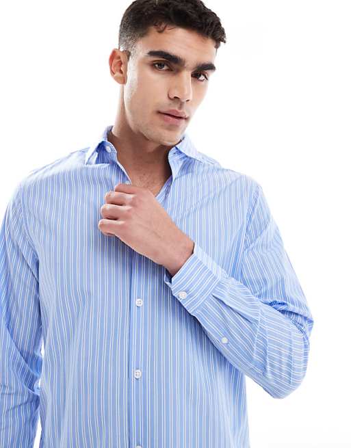 ASOS DESIGN Formal Easy Iron Stripe Regular Shirt In Light Blue