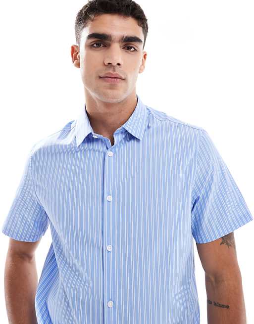 ASOS DESIGN Formal Easy Iron Stripe Regular Shirt In Blue