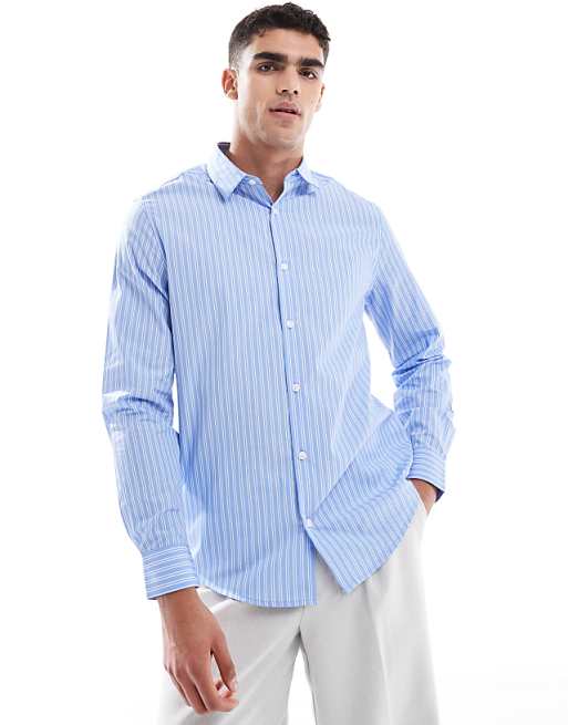 ASOS DESIGN formal easy iron stripe regular shirt in light blue