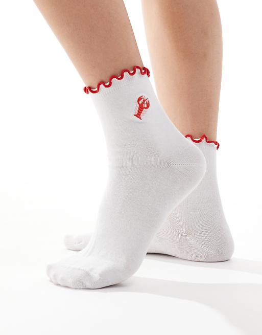 ASOS DESIGN frill top socks with lobster embroidered design in white