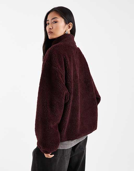 ASOS DESIGN Funnel Neck Borg Fleece In Burgundy