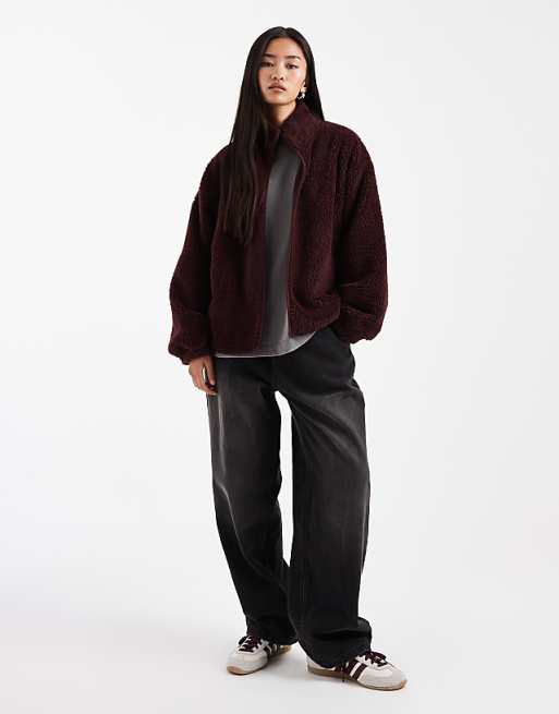 ASOS DESIGN Funnel Neck Borg Fleece In Burgundy