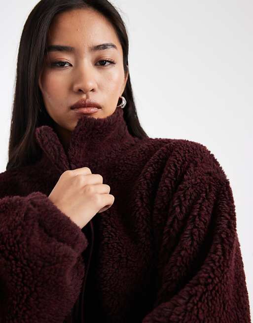 ASOS DESIGN Funnel Neck Borg Fleece In Burgundy