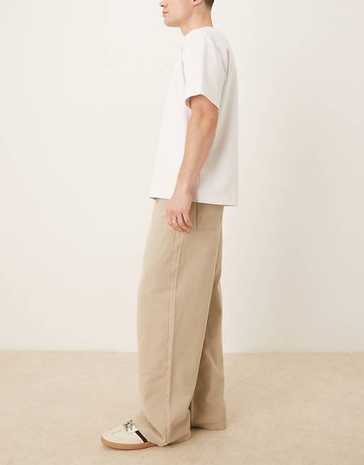 ASOS DESIGN Garment Dye Super Baggy Carpenter Jeans In Beige