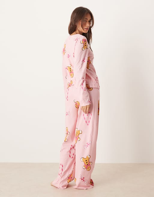 ASOS DESIGN Gingerbread & Candy Cane Long Sleeve Top & Trouser Pyjama Set In Pink Marl