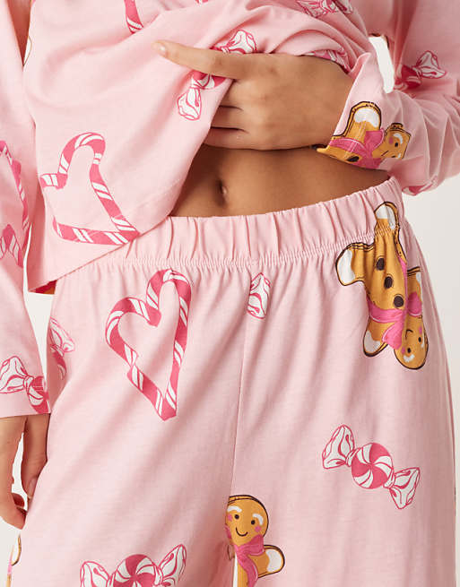 ASOS DESIGN Gingerbread & Candy Cane Long Sleeve Top & Trouser Pyjama Set In Pink Marl