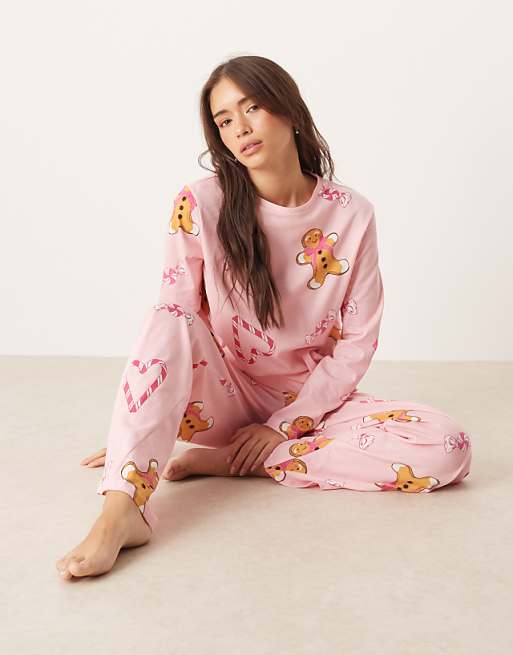 ASOS DESIGN Gingerbread & Candy Cane Long Sleeve Top & Trouser Pyjama Set In Pink Marl