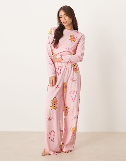 ASOS DESIGN gingerbread & candy cane long sleeve top & trouser pyjama set in pink marl