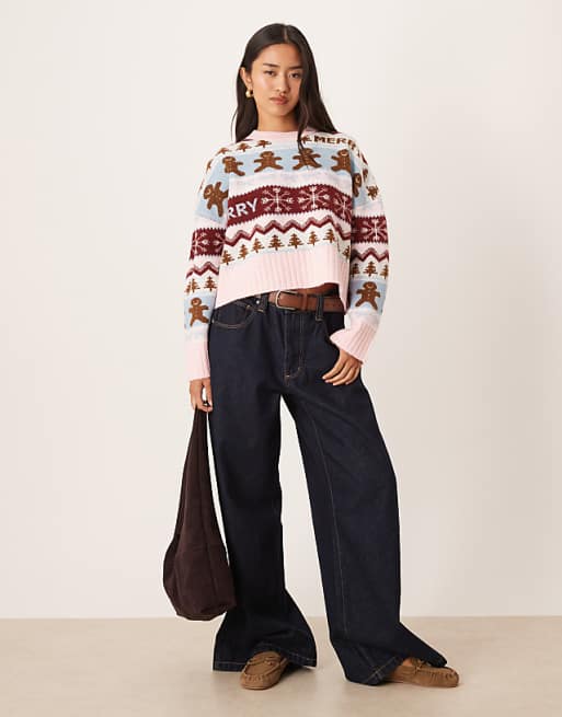 ASOS DESIGN Gingerbread Patterned Jumper In Blue