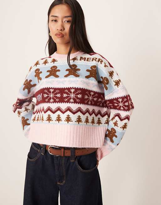 ASOS DESIGN Gingerbread Patterned Jumper In Blue