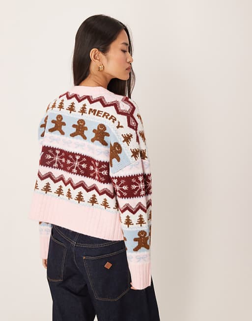 ASOS DESIGN Gingerbread Patterned Jumper In Blue