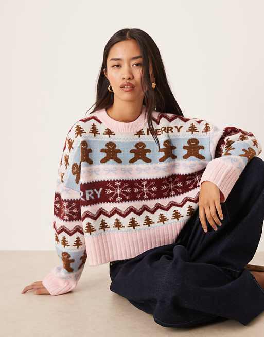ASOS DESIGN gingerbread patterned jumper in blue