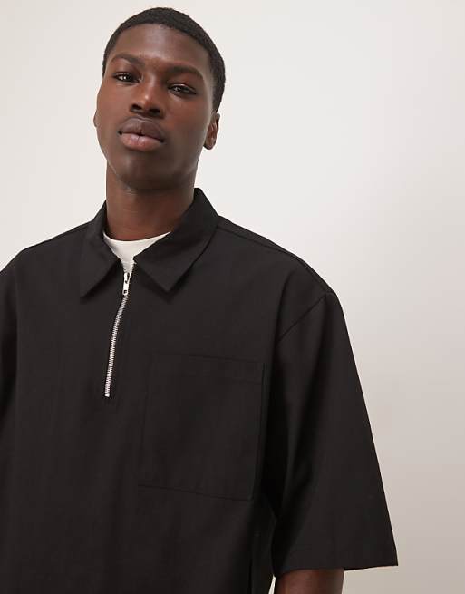 ASOS DESIGN Half Sleeve Co-ord Shirt With Zip Neck In Black