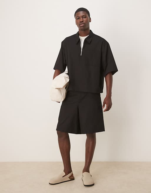 ASOS DESIGN Half Sleeve Co-ord Shirt With Zip Neck In Black