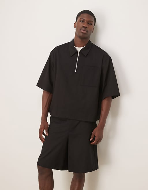 ASOS DESIGN half sleeve co-ord shirt with zip neck in black