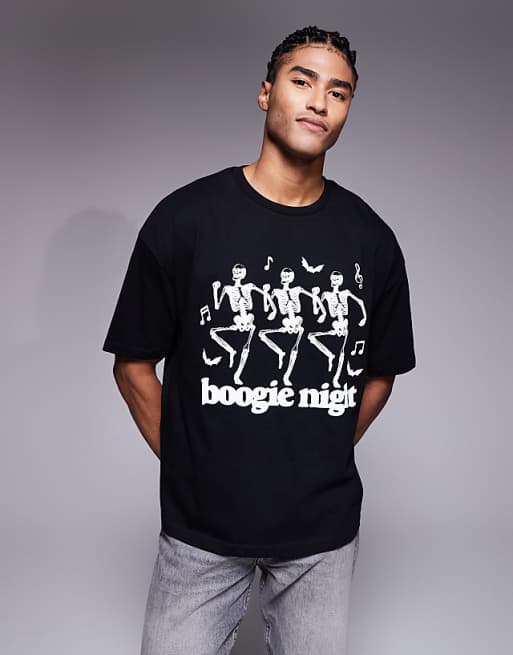 ASOS DESIGN Halloween boxy oversized t-shirt with dancing skeleton graphic in black