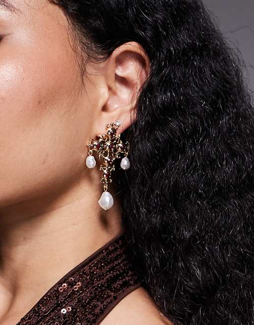 ASOS DESIGN Halloween gem embellished cross earrings with faux pearls in gold tone