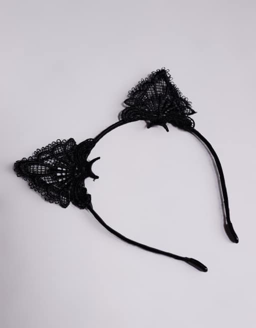 ASOS DESIGN Halloween Headband With Lace Fluffy Cat Ears In Black