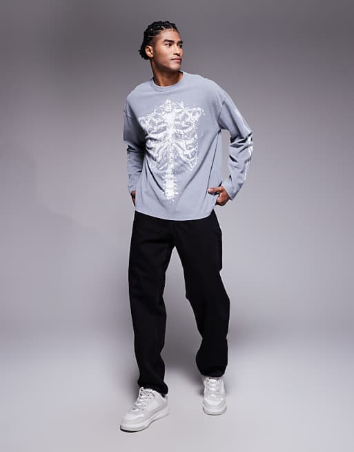 ASOS DESIGN Halloween Heavyweight Oversized Long Sleeve T-shirt With Rib Skeleton Graphic In Washed Grey