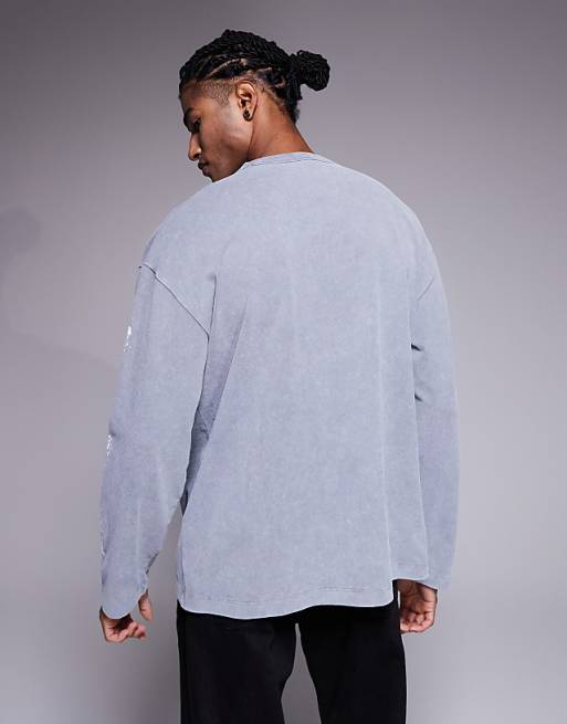ASOS DESIGN Halloween Heavyweight Oversized Long Sleeve T-shirt With Rib Skeleton Graphic In Washed Grey
