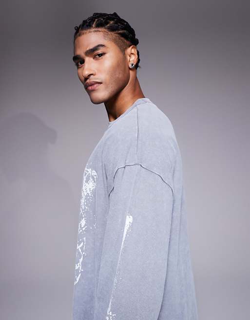 ASOS DESIGN Halloween Heavyweight Oversized Long Sleeve T-shirt With Rib Skeleton Graphic In Washed Grey