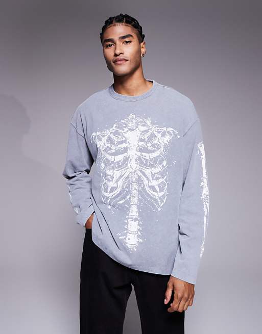 ASOS DESIGN Halloween heavyweight oversized long sleeve t-shirt with rib skeleton graphic in washed grey
