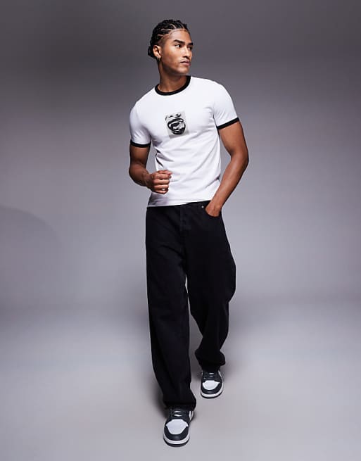 ASOS DESIGN Halloween Muscle Fit Ringer T-shirt With Photographic Vampire Graphic In White