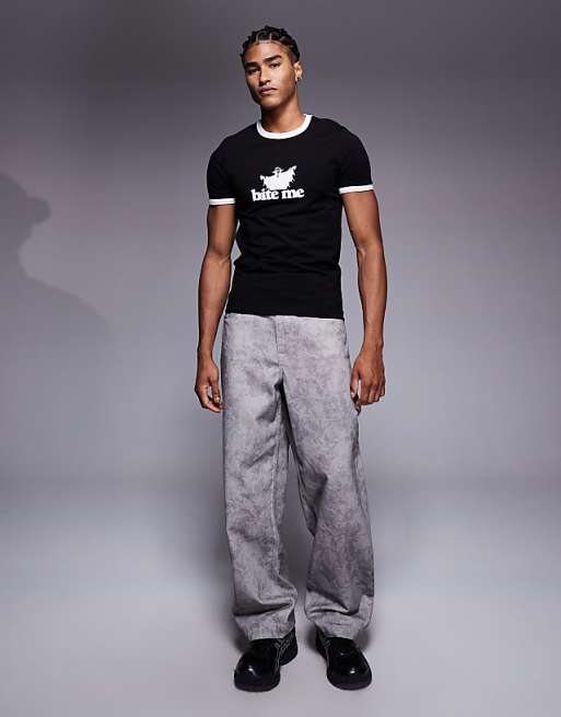 ASOS DESIGN Halloween Muscle Fit Ringer T-shirt With Slogan Text Graphic In Black