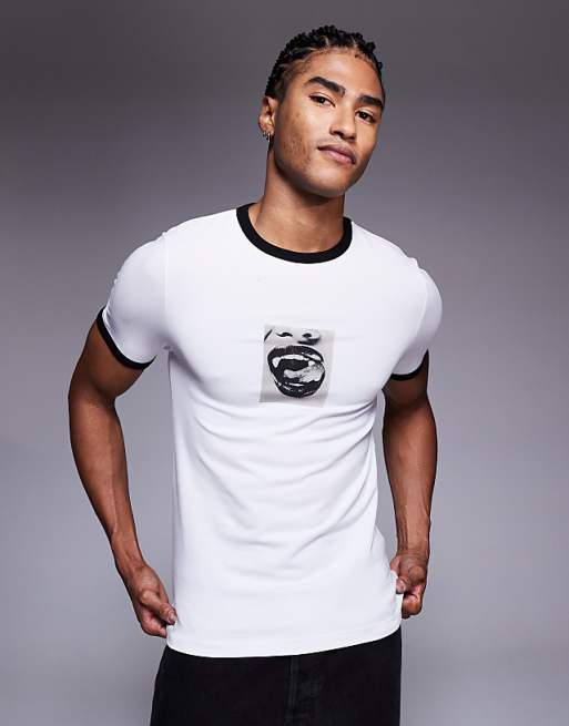 ASOS DESIGN Halloween muscle fit ringer t-shirt with photographic vampire graphic in white