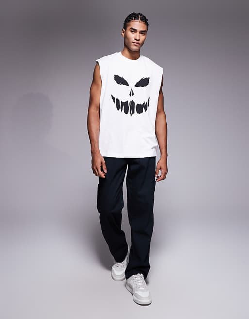 ASOS DESIGN Halloween Oversized Tank With Scary Face Graphic In White