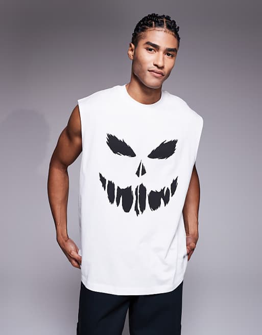 ASOS DESIGN Halloween oversized tank with scary face graphic in white ASOS DESIGN Halloween oversized tank with scary face graphic in white
