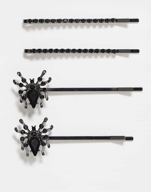 ASOS DESIGN Halloween pack of 4 hair slides with crystal spider design in silver tone